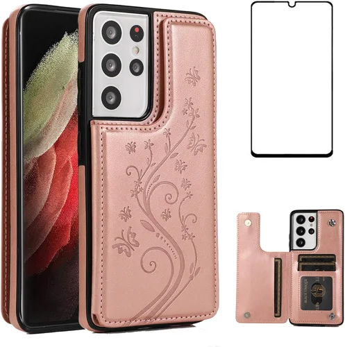 Miniatura 9 de Funda de teléfono para Samsung Galaxy S21 Ultra Glaxay S21ultra 5G con protector de pantalla de vidrio templado, tarjetero y cartera con soporte