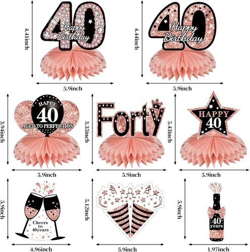 Miniatura 3 de Turypaty Kit de 34 piezas de decoración de cumpleaños 40 para mujer, globos de feliz cumpleaños de 40 años de oro rosa, centro de mesa, kit