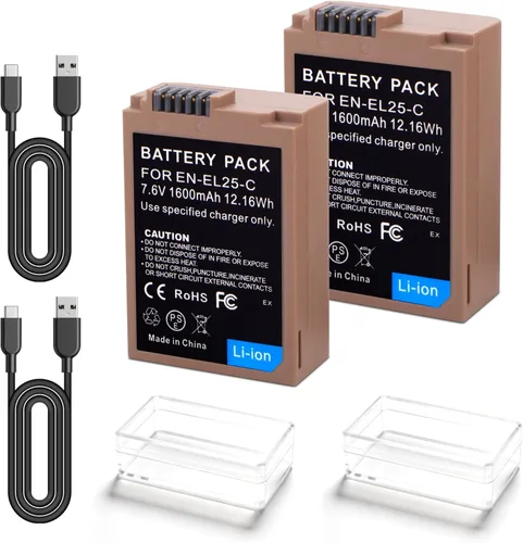 Paquete de 2 baterías de repuesto EN-EL25 EN-EL25a con puerto de carga rápida USB-C compatible con cámara Nikon ZFC / Z30 / Z50, cargador MH-32 de