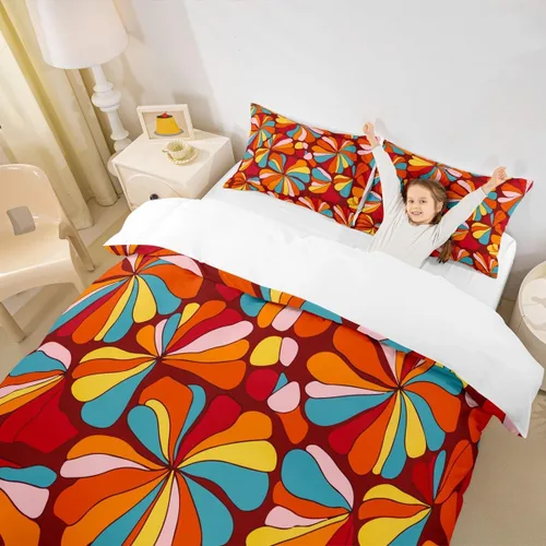 Miniatura 5 de Juego de ropa de cama vintage bohemio con diseño floral de plantas de los años 60S y 70S, Groovy Rainbow para niños y adolescentes, funda de edredón