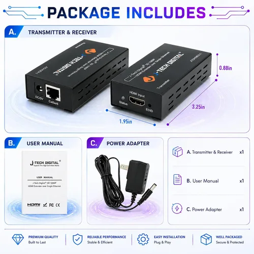 Miniatura 3 de J-Tech Digital Extensor HDMI a través de cat5e/6 1080P@60m HDMI Balun a través de Ethernet único Soporta copia EDID Compatible con Dolby Digital DTS