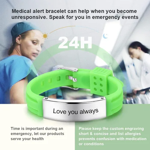 Miniatura 76 de OPALSTOCK Pulseras médicas personalizadas de silicona ajustable para identificación de emergencias, grabado gratuito, 9 pulgadas, resistente al