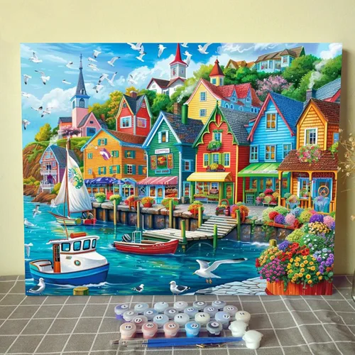 Miniatura 14 de Kit de pintura al óleo para ventana de playa, paisaje, por números, 16 x 20 pulgadas, lienzo, flores, paisaje, bricolaje, pintura al óleo para Pbn