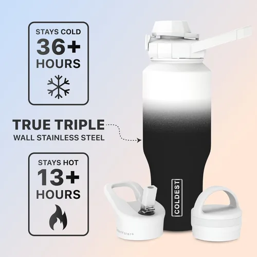 Miniatura 2 de La Botella de Agua Deportiva Más Fría - Tapas 3 en 1 (Chug, Pajita, Asa) - Vaso Termo Aislado de Acero Inoxidable con Asa - Taza de Agua al Vacío