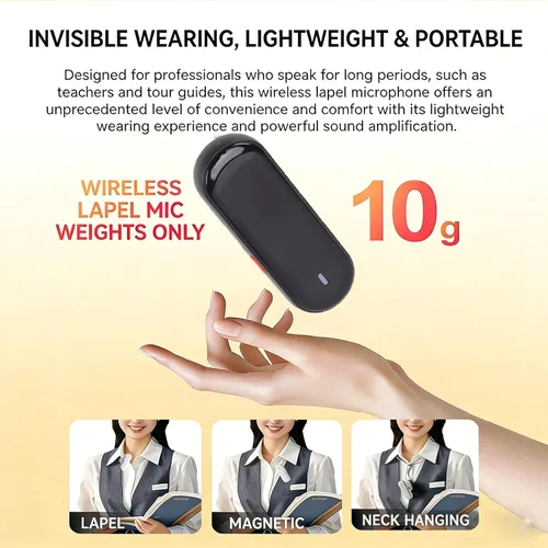Miniatura 5 de Amplificador de voz inalámbrico, micrófono Lavalier Bluetooth con chip de reducción de ruido y magnético, para aula de enseñanza, reuniones y Negro