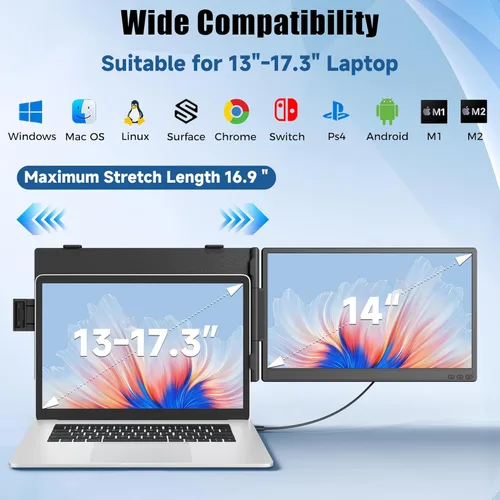 Miniatura 3 de Extensor de pantalla para laptop de 14 pulgadas, monitor portátil para portátiles de 13 a 17.3 pulgadas, monitor de pantalla dual 1080P FHD IPS