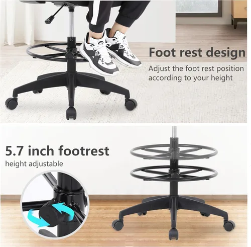 Miniatura 4 de PayLessHere Silla de dibujo Negro Silla de oficina alta con altura de asiento ajustable y reposapiés, respaldo de malla ergonómico, soporte