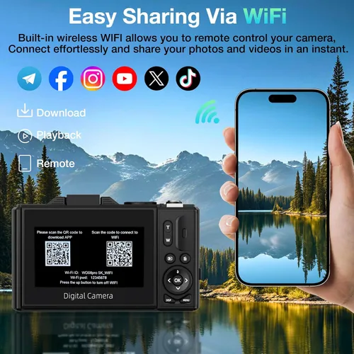 Miniatura 6 de Cámara digital 5K para fotografía, cámara de vlogging WiFi de 75MP para YouTube con pantalla abatible de 180° de 3 pulgadas, cámara de video