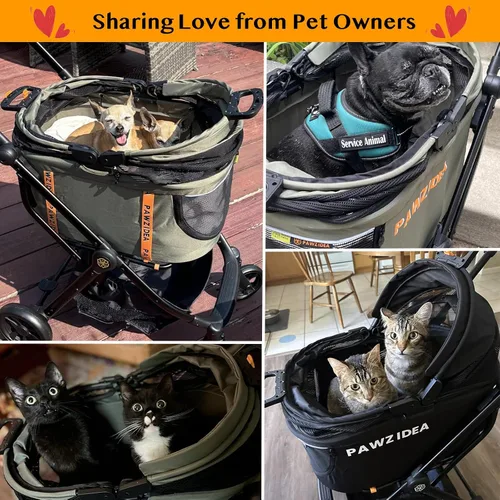 Miniatura 9 de PAWZIDEA Carriola de mascotas 4 en 1, Carriola de gatos con portaequipaje desmontable y dosel sin cremallera, jaula portátil para perros