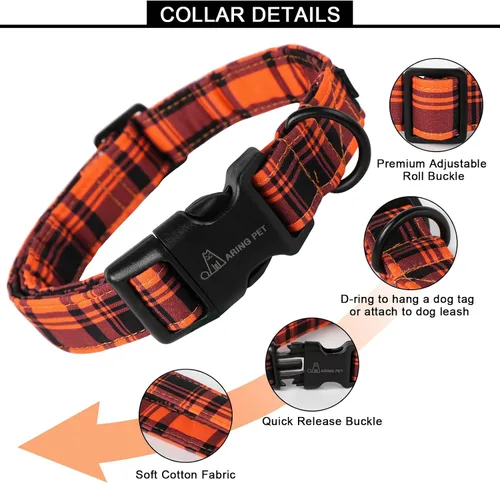 Miniatura 2 de Aring Pet Collar de algodón, ligero, hebilla de liberación rápida, de Halloween y otoño, para perros pequeños, medianos y grandes, a cuadros