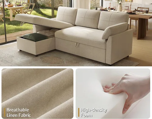 Miniatura 5 de AMERLIFE Sofá cama, sofá cama 2 en 1 con diván de almacenamiento, sofá extraíble para sala de estar de apartamento, color beige lino