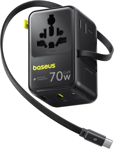 Baseus Adaptador de viaje universal de 70 W, adaptador de enchufe internacional 6 en 1 con cable retráctil, cargador de pared USB-C PD de carga Negro