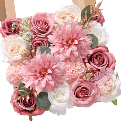 Miniatura 23 de Serwalin Flores artificiales, flores rosadas, flores de seda falsas, flores de pastel de boda, flores para ramos de boda, centros de mesa, Un rosa