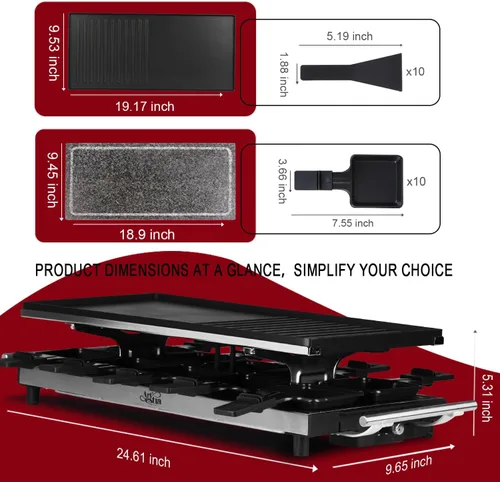 Miniatura 7 de Artestia Parrilla de queso raclette de gran tamaño de 1500 W, parrilla coreana de barbacoa de temperatura ajustable, raclette de queso con piedra