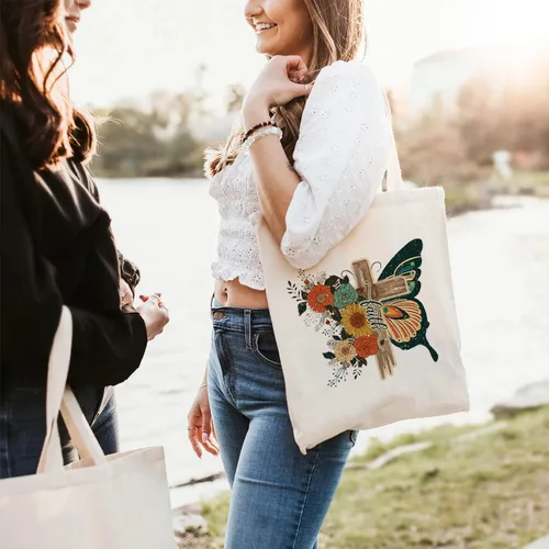 Miniatura 5 de Bolsas de lona cristianas para mujer, bolso de hombro cruzado con diseño de flores, mariposa, regalo cristiano