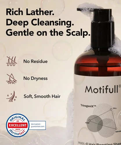 Miniatura 7 de Motifull Champú espesante que aumenta el cabello para un cabello de aspecto adelgazante Biotina, cafeína y TrinogeniX Raíces visiblemente más