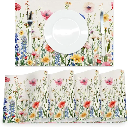 AOFOTO Juego de 4 manteles individuales con estampado de flores silvestres coloridas, manteles individuales artísticos rectangulares modernos para