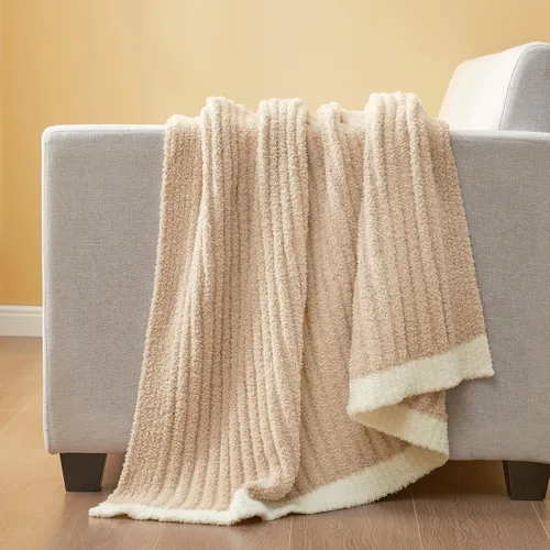 Miniatura 8 de Snuggle Sac Manta suave y acanalada beige para sofá, lujosa manta de punto mullida y acogedora para todas las estaciones, manta netural reversible