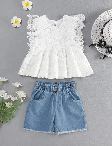 Miniatura 2 de SEYOUAG Ropa para niñas pequeñas, conjunto de pantalones cortos de algodón, casual, abrigo de mezclilla, 2 piezas