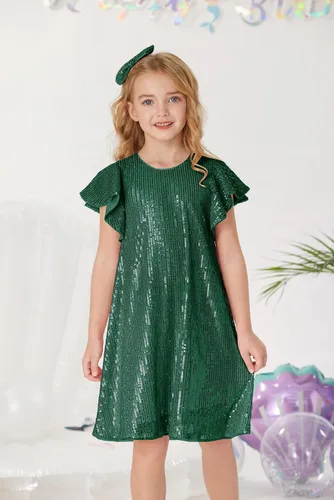 Miniatura 8 de GRACE KARIN Vestido de lentejuelas para niñas, manga corta, con vuelo, silueta acampanada, vestido midi con lazo para el pelo, 5-12 años