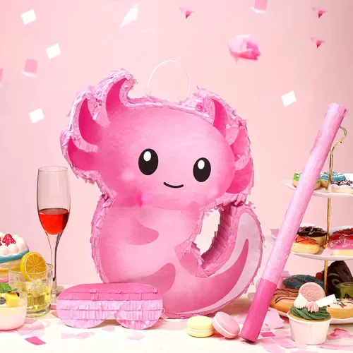 Miniatura 5 de Piñata de ajolote rosa para cumpleaños, fiesta de Navidad, piñata rosa con palo, confeti para Navidad, regalo de adultos, decoración de fiestas