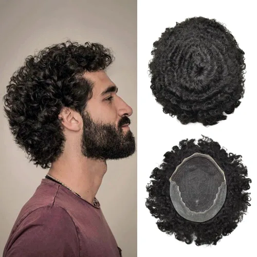 Miniatura 14 de Afro Toupee para hombres negros encaje tupé rizado rizado sistema de reemplazo indetectable Afro unidades de cabello para hombre negro 8X10 Off OFF
