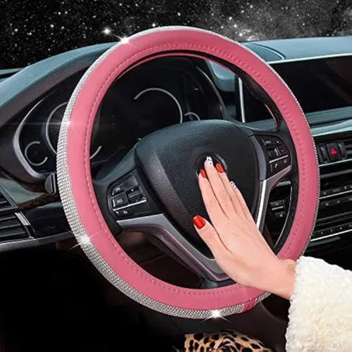 Miniatura 16 de Nueva funda de volante de cuero con diamantes de imitación y cristales brillantes, protector de rueda de auto de 15 pulgadas de ajuste universal