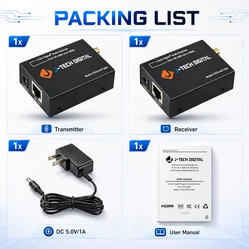 Miniatura 7 de J-Tech Digital Convertidor extensor de audio digital para audio óptico/coaxial a través de un solo cable Cat5e/6 (PoC) hasta 990' (984.3 ft)