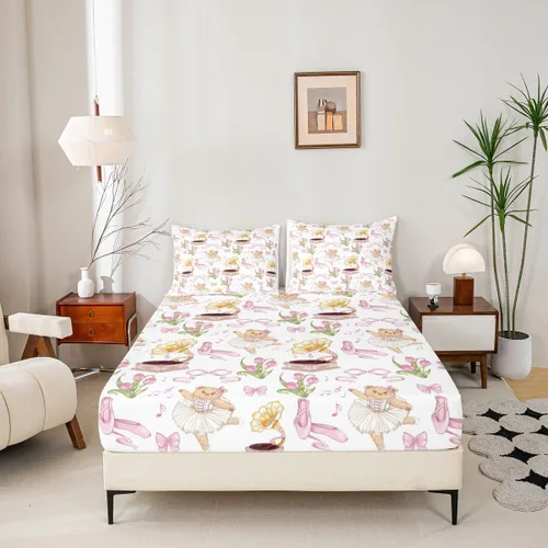 Miniatura 8 de Juego de sábanas de princesa con lazo rosa para niños, tamaño individual, zapatos de ballet, juego de ropa de cama de dibujos animados de oso