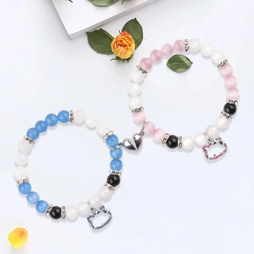 Miniatura 109 de 2 pulseras magnéticas para parejas, piedra natural negra mate, cristal para votos de amor eterno, juego de pulseras de cuentas de piedra de energía