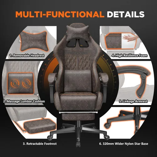 Miniatura 7 de Ferghana Silla vintage de piel sintética para videojuegos, silla de jugador con respaldo alto con masaje, silla ergonómica de oficina para Marrón