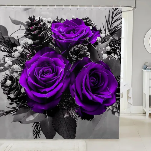 Miniatura 14 de Cortina de ducha con rosas rojas, juego de cortinas de ducha para niñas, mujeres y niños, cortina de ducha de tela impermeable con flores botánicas