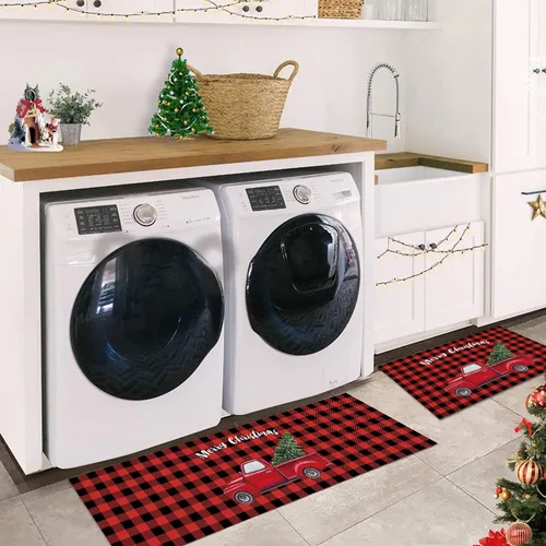 Miniatura 3 de Juego de alfombras y tapetes de cocina de Navidad, tapete de búfalo rojo a cuadros, antideslizante, tapete lavable para interiores