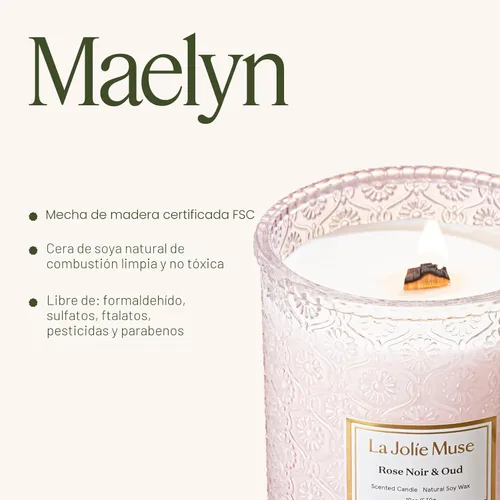 Miniatura 6 de La Jolie Muse - Vela Rose Noir & Oud - Limón, rosa y oud - Vela grande de 19 oz con mecha de madera, cera de soja natural y 90 h de combustión Rosa