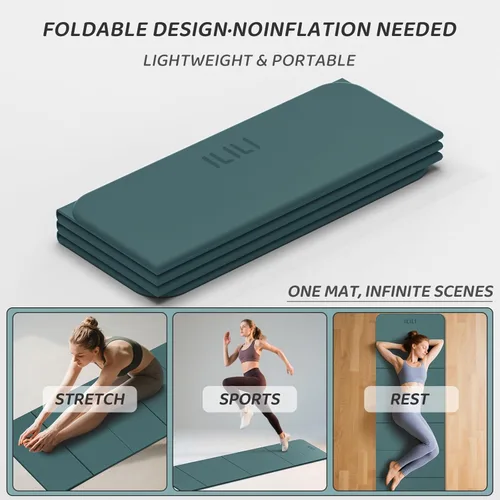 Miniatura 6 de ILILI Esterilla de yoga plegable de 71 x 24 x 0.3 pulgadas, tapete antideslizante de TPE para el hogar, impermeable y ligero (2 libras) para Verde