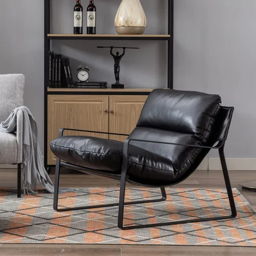 Miniatura 3 de HEAH-YO Juego de 1 silla moderna de piel sintética con cojín extraíble y marco de metal sólido, cómoda silla de lectura para dormitorio, color negro