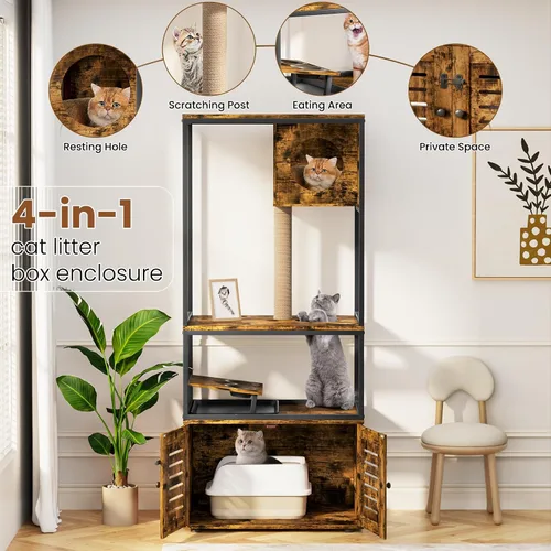Miniatura 6 de Lamerge Árbol para gatos con caja de arena, caja de arena grande todo en 1, condominio para gatos con postes rascadores y cuenco de alimentación