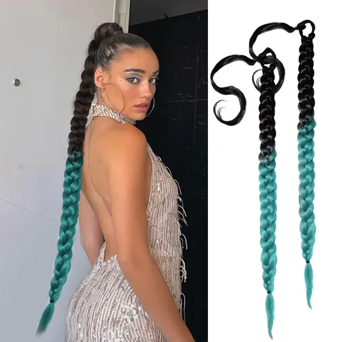 Miniatura 26 de 2 paquetes de 16 pulgadas de extensión de cola de caballo trenzada larga negra para mujeres negras con banda elástica, trenzado recto, extensiones