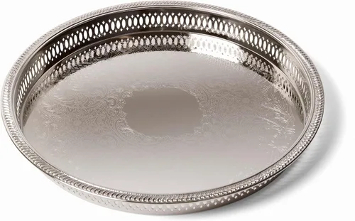Elegance Bandeja redonda de metal para servir/bar, 12.75 pulgadas, niquelado con relieve decorativo, sirve champán, whisky y bebidas, bebida en tono