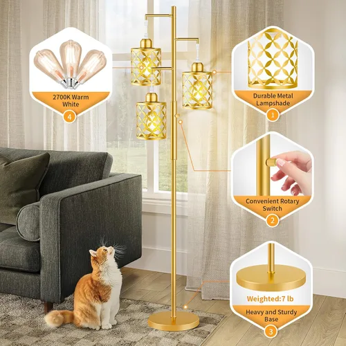Miniatura 5 de Lámpara de pie regulable de 68 pulgadas, moderna lámpara de pie con elegante jaula de metal, lámparas de pie industriales de árbol alto para sala