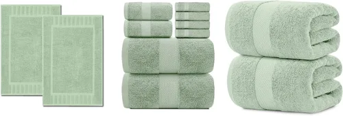 White Classic Juego de 4 alfombrillas de baño verdes de 22 x 34 pulgadas, 8 toallas de baño [2 toallas de baño, 2 toallas de mano, 4 toallas