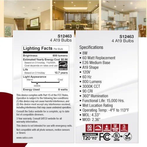 Miniatura 8 de Satco S12463 - Bombillas LED de 8 W, 120 V, 3000 K, color blanco suave, 800 lúmenes, regulables, 2 paquetes de 4 (8 bombillas en total)