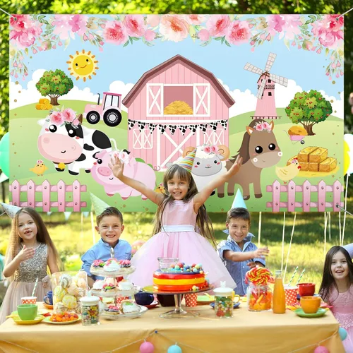 Miniatura 5 de Tatuo Pancarta de fondo de decoración de cumpleaños de granja rosa, tamaño grande, 3.6 x 6 pies, pancarta de fondo de animales de granero para baby