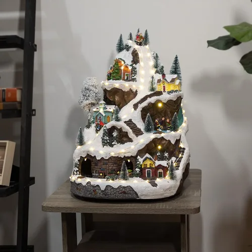 Miniatura 8 de Alpine Corporation Juego animado de invierno de 18 pulgadas de alto con 75 luces LED, música, tren móvil, decoración navideña de mesa Pueblo