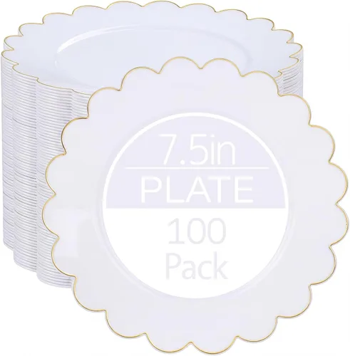 Miniatura 14 de LIYH - 100 platos de plástico azul, bordes festoneados de 7.5 pulgadas, platos desechables para postre/ensalada, color azul con borde dorado, platos