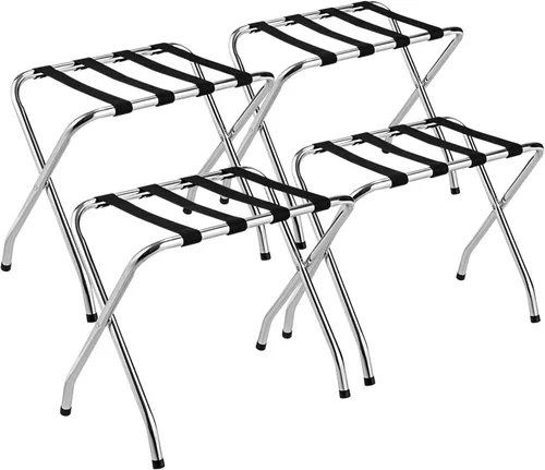 Miniatura 12 de Tangkula Portaequipajes cromado para habitación de invitados, no requiere montaje, soporte plegable de metal para maleta con cinturones de nailon