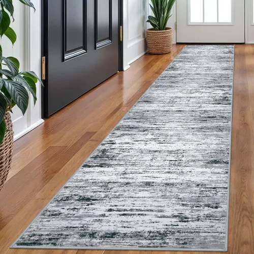 Miniatura 67 de Lansny Alfombra moderna abstracta de 2 x 5 pies, color negro, gris, blanco, lavable, alfombra de entrada para cocina, alfombra antideslizante suave
