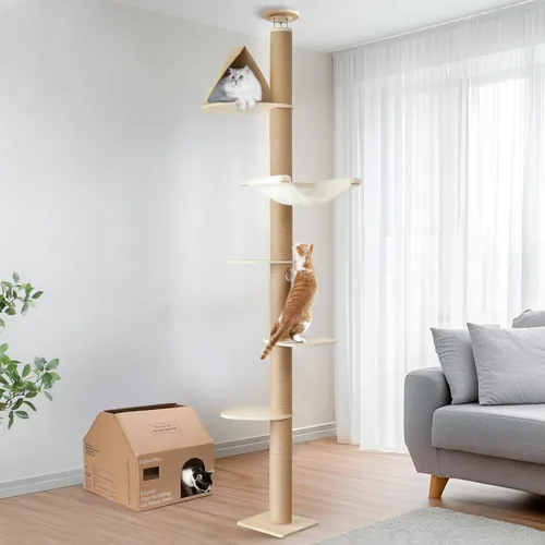 Miniatura 10 de FUKUMARU Árbol para gatos de piso a techo, altura ajustable de 6 niveles (5.7-9.8 pies), torre de escalada con postes de rascado gruesos, centro