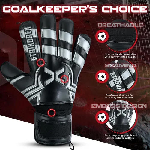 Miniatura 3 de Guantes de portero para niños y jóvenes con palma de látex de 0.157 in, agarre fuerte, guantes de fútbol para adultos y niños con dedos Negro