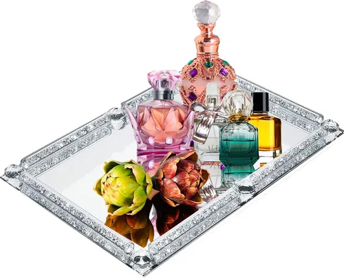 Miniatura 11 de Bandeja de perfume de cristal, bandeja de cristal rellena de diamante triturado, bandejas rectangulares de 11.8" x 7.9" para cosméticos y maquillaje